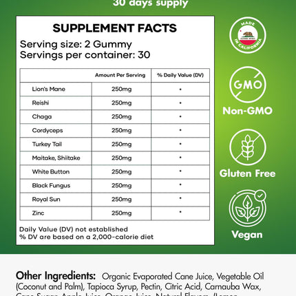 Mushroom Gummies – 10-Mushroom Complex (Lion’s Mane, Reishi, Chaga) – Fruity Vegan, Non-GMO, Gluten-Free – 3 Packs