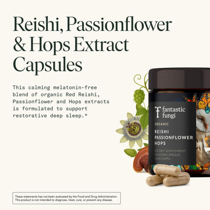 Mushroom Sleep Supplement — Reishi, Passionflower & Hops | 100% USDA Organic, Vegan, 120 Caps