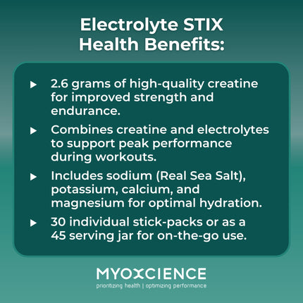 MYOXCIENCE Electrolyte STIX | Creatine Electrolyte Powder for Hydration & Recovery (Unflavored, 30 ct)