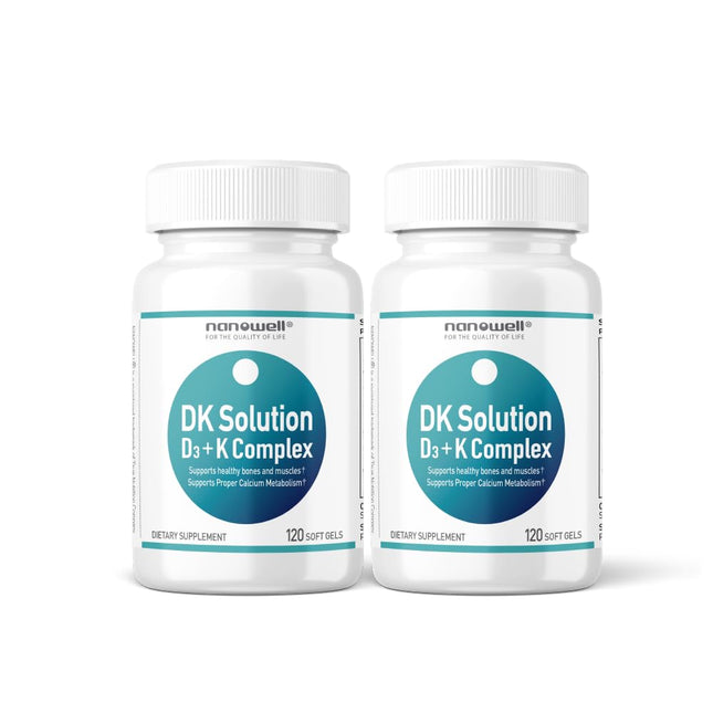 NANOWELL DK Solution 120 Softgels x 2 Bottles – Vitamin D3 + K Complex for Bone, Teeth, Muscle Health & Immune Support (240 Count)