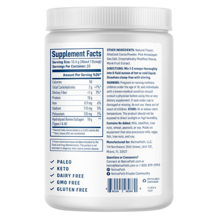 NativePath Collagen Peptides Chocolate – Hydrolyzed Type 1 & 3, Grass-Fed (268g)