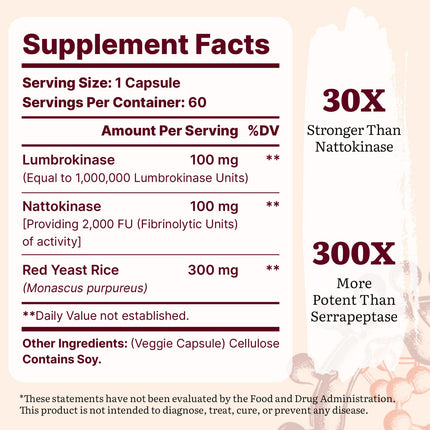 Yasumako Lumbrokinase 100mg + Nattokinase 100mg + Red Yeast Rice 300mg — 600 Capsules (Pack of 10)
