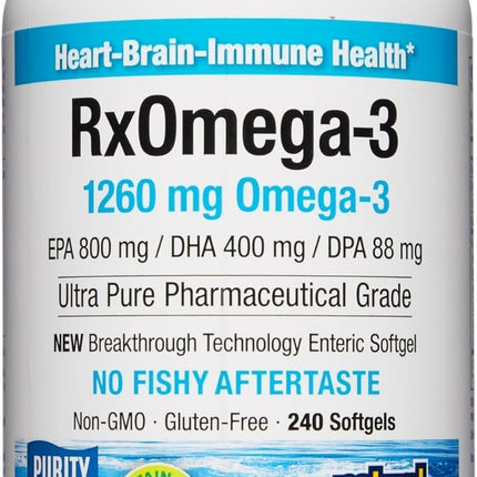 Natural Factors RxOmega-3 Fish Oil — 1260 mg Omega-3 per Serving, No Fishy Aftertaste, 240 Count