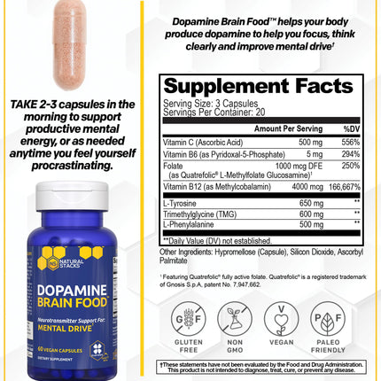 Natural Stacks Dopamine Brain Food - 650 mg L-Tyrosine for Focus & Mental Drive (60 Capsules)