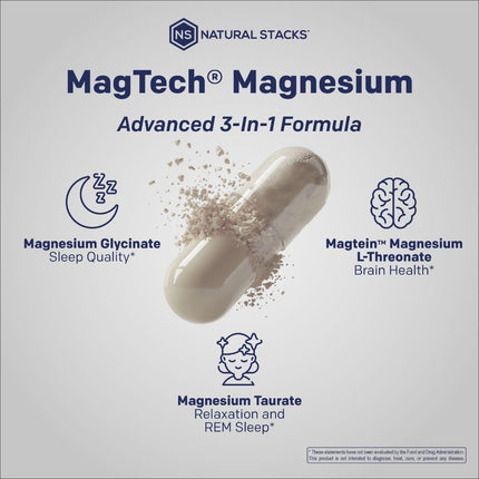 MagTech Magnesium Complex - 3-Form Magnesium (Magtein L-Threonate, Glycinate & Taurate) 200mg, 180 Capsules | NATURAL STACKS