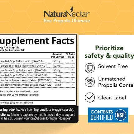 NaturaNectar Ultimate Bee Propolis Capsules - NSF Certified, Gluten-Free (60pcs)