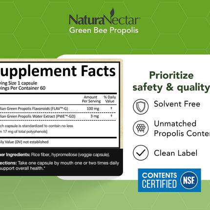NaturaNectar Green Bee Propolis Capsules – NSF Certified, Gluten-Free