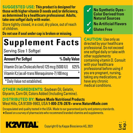 Nature Made Vitamin D3 + K2 5000 IU (125 mcg) – Pack of 2
