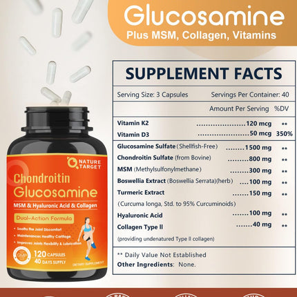 NATURE TARGET Glucosamine Chondroitin Joint Support – MSM, Collagen & Turmeric, Shellfish-Free, 120 Caps (Pack of 2)