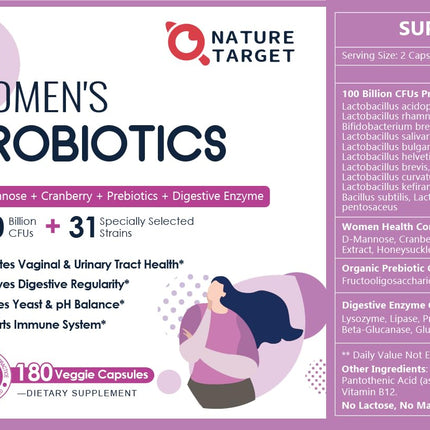 Nature Target Probiotics for Women – 100B CFUs, Enzymes, Prebiotics, Cranberry | 180 Veggie Capsules