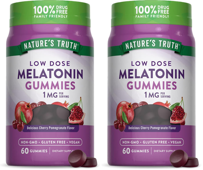 Nature's Truth Melatonin Gummies 1mg - 60 Count Cherry Pomegranate (Pack of 2) – Vegan, Non-GMO & Gluten Free