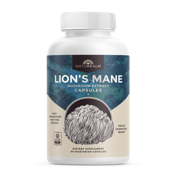 Naturealm Lions Mane Mushroom Supplement – Organic Brain Support, Focus & Memory | 90 Vegetarian Capsules
