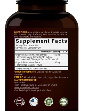 NatureBell 2 Pack Ceylon Cinnamon 9000mg Per Serving + Organic Bitter Melon – 480 Capsules | Non-GMO, Gluten Free