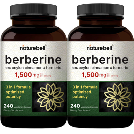 NatureBell Berberine 1500mg with Cinnamon & Turmeric – 2 Pack Veggie Capsules | 97% Pure Berberine HCl