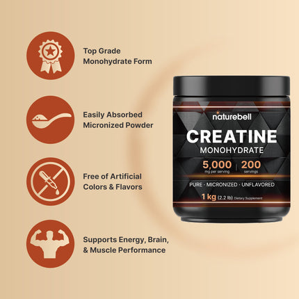 NatureBell Creatine Monohydrate Powder 1,000g | 200 Servings | Micronized & Unflavored