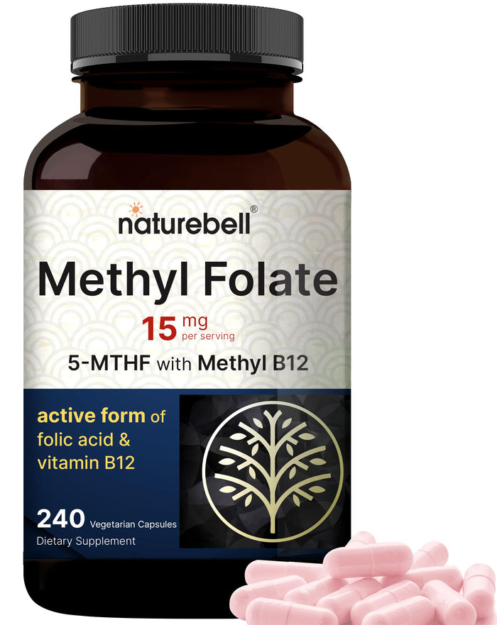 NatureBell L-Methylfolate 15mg | 240 Veggie Capsules | 5-MTHF + 1000mcg B12 – Energy & Cognitive Support