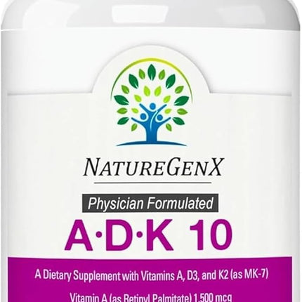 NatureGenX ADK10 – High Potency Vitamin ADK (D3 10,000 IU, K2 MK-7) | Bone, Immune & Heart Support | 90 Capsules