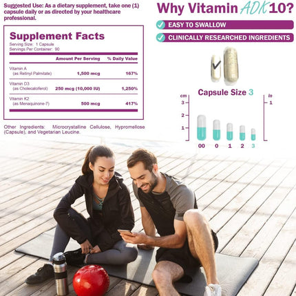 NatureGenX ADK10 – High Potency Vitamin ADK (D3 10,000 IU, K2 MK-7) | Bone, Immune & Heart Support | 90 Capsules