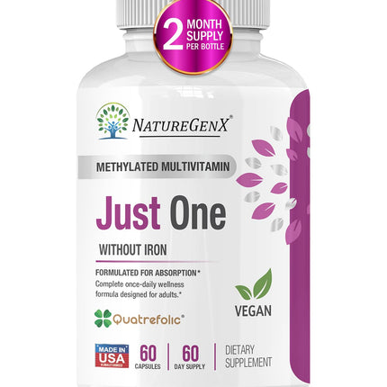 NatureGenX Just One Daily Methylated Multivitamin - 60 Caps, 2-Month Supply, Iron-Free, MTHFR Support, Gluten Free