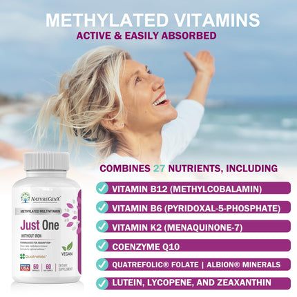 NatureGenX Just One Daily Methylated Multivitamin – 60 Vegan Capsules, USA-Made, Iron-Free