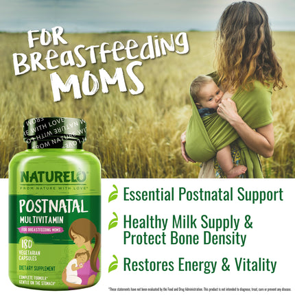 NATURELO Postnatal Multivitamin for Nursing Moms – Plant-Based Nutrition (180 Capsules)