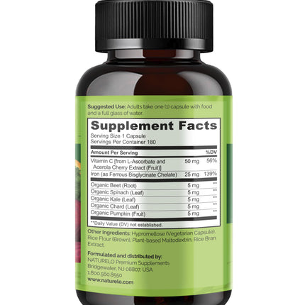 NATURELO Vegan Iron Supplement with Vitamin C | Gentle Ferrous Bisglycinate