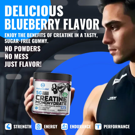 Natures Aid Creatine Monohydrate Gummies (5g) – Blueberry Electrolyte, 135 Count | Vegan & Sugar-Free