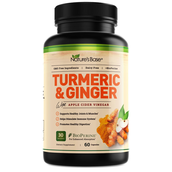 Nature's Base Turmeric & Ginger Supplement - Curcumin 95% | ACV & BioPerine - 60 Capsules