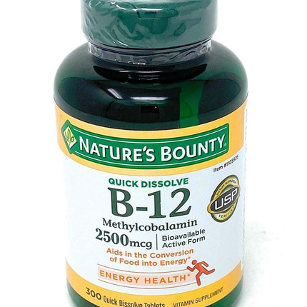 Nature's Bounty Quick Dissolve Fast Acting Vitamin B-12 2500 mcg, Natural Cherry Flavor (300 tablets)