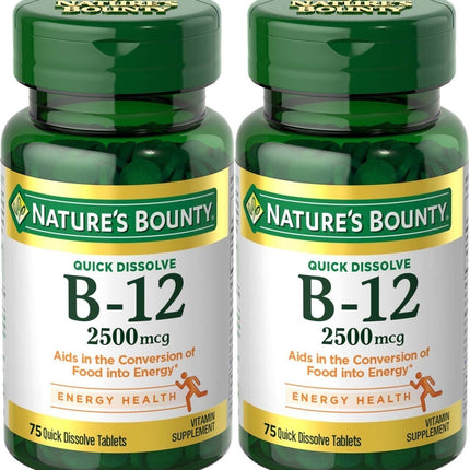 Natures Bounty Vitamin B-12 Quick Dissolve 2500 mcg Cherry | 2 Pack (150 tablets)
