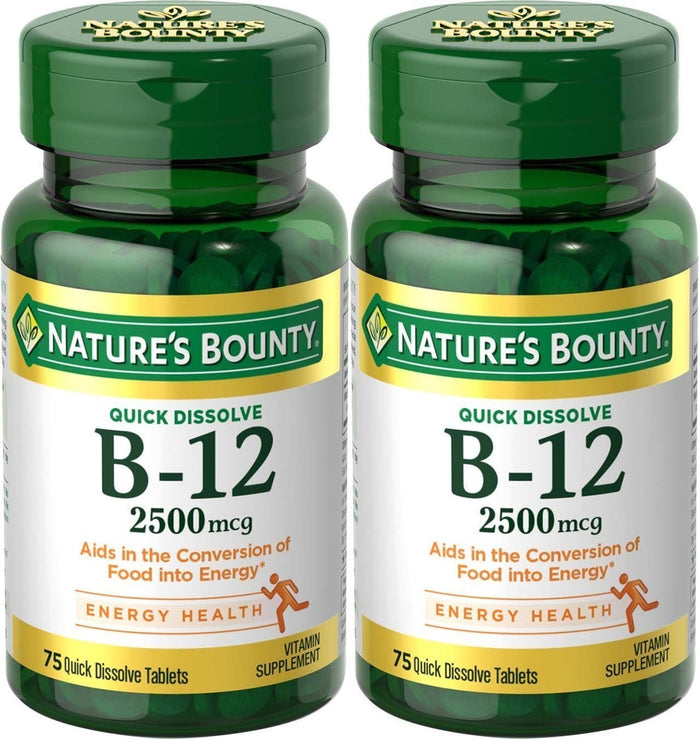 Natures Bounty Vitamin B-12 Quick Dissolve 2500 mcg Cherry | 2 Pack (150 tablets)
