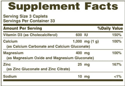 Nature's Bounty Calcium Magnesium Zinc Caplets – 100 Count, Pack of 6