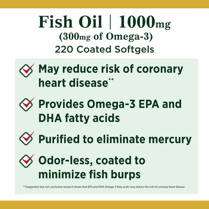 Nature's Bounty Fish Oil 1000 mg Coated Softgels | 220 Count | Omega-3 EPA/DHA for Heart Health