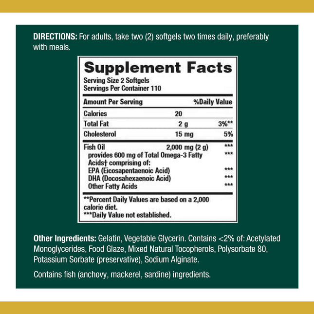 Nature's Bounty Fish Oil 1000 mg Coated Softgels | 220 Count | Omega-3 EPA/DHA for Heart Health