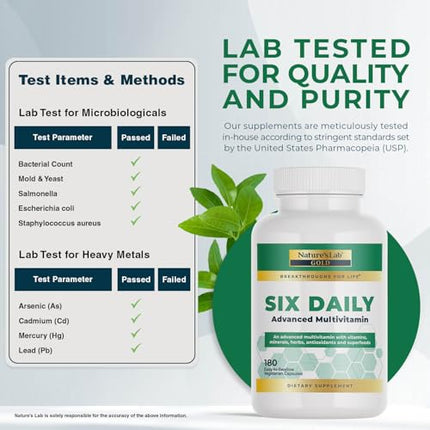 Nature's Lab Six Daily Advanced Multivitamin – 90+ Nutrients, 180 Capsules, Daily Energy & Immune Support