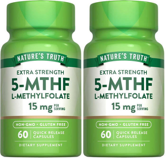 Nature's Truth L-Methylfolate 15mg – 60 Capsules – Extra Strength Pack of 2 | Non-GMO & Gluten Free