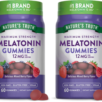 Nature's Truth Melatonin Gummies 12mg – Mixed Berry, Vegan, Non-GMO, Gluten Free (Pack of 2)