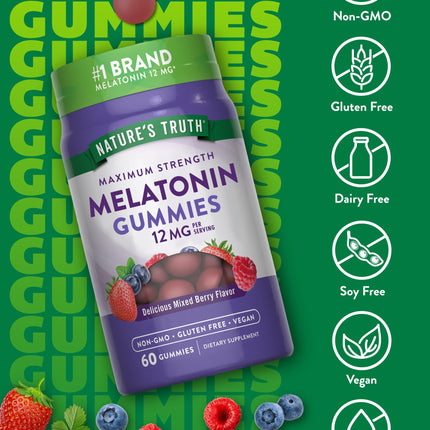 Nature's Truth Melatonin Gummies 12mg – Mixed Berry, Vegan, Non-GMO, Gluten Free (Pack of 2)
