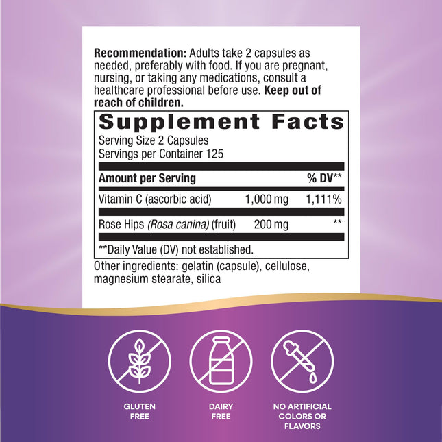 Nature's Way Vitamin C with Rose Hips – 1000 mg per 2-Capsule Serving, Immune Support & Skin Health (500 Capsules)