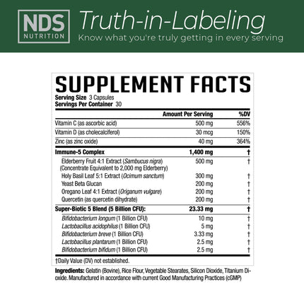 NDS Nutrition Advanced Immune Booster - Elderberry, Vitamin C, D, Zinc & Probiotic (90 capsules)