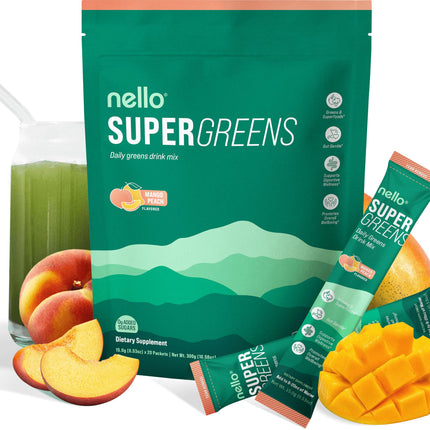 Nello Supergreens Premium Greens Drink Mix – Mango Peach, 20 Servings, Travel Pack