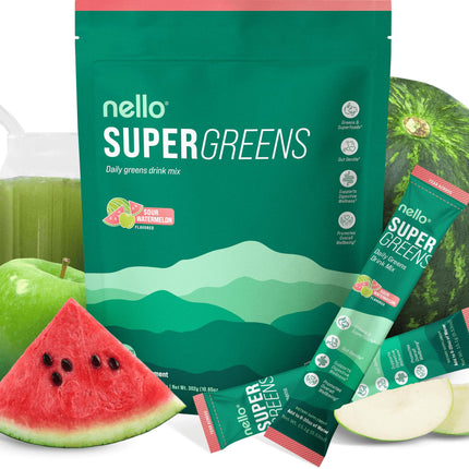 Nello Supergreens Premium Greens Drink Mix – Chlorella, Moringa, Probiotics, Spinach & Broccoli (Sour Watermelon, 20 Servings)