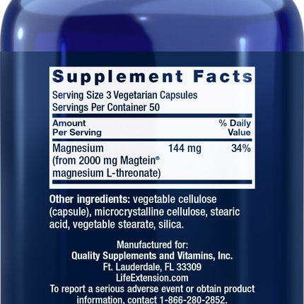 Life Extension Neuro-Mag Magnesium L-Threonate | Magtein | 150 Vegetarian Capsules