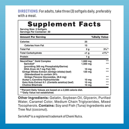 Vitamin World NeuroClear Gold Plus 90 Softgels – Phosphatidylserine, DHA, Ginkgo Biloba | Gluten Free