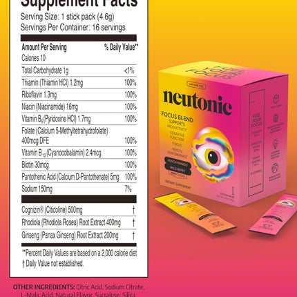 Neutonic Nootropic Focus Blend Powder | Peach Mango & Wild Berry, 32 Sticks | Caffeine Free