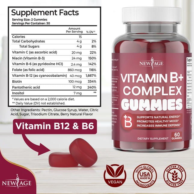 NEW AGE Vitamin B Complex Gummies – Gluten-Free, Vegan, Made in USA (180 Count x3)