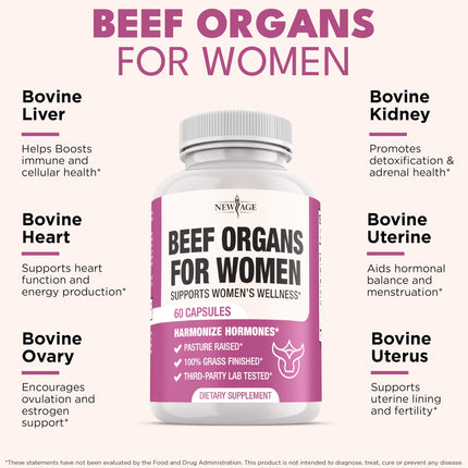 NEW AGE Beef Organ Supplement for Women – Grass-Fed Liver, Kidney, Heart & Uterus Tissue | 180 Capsules