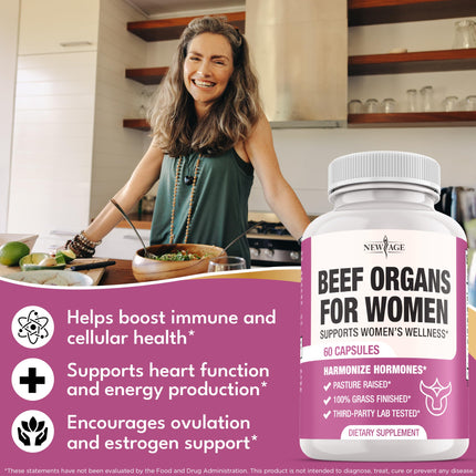 NEW AGE Beef Organ Supplement for Women – Grass-Fed Liver, Kidney, Heart & Uterus Tissue | 180 Capsules