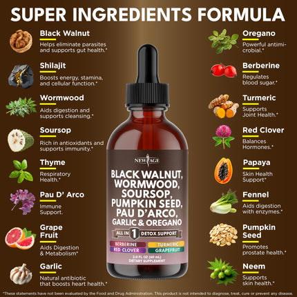 NEW AGE Black Walnut Wormwood Cleanse Drops – Herbal Liquid Tincture, 8oz