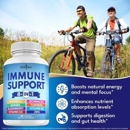 NEW AGE 8 in 1 Immune Support Booster – Vitamin D 5000 IU, Vitamin C 1000 mg, Zinc 50 mg, Elderberry & Echinacea – 180 Capsules (Pack of 3)